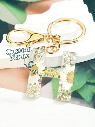 Personalized Dried Flower Initial Keychain – Custom Bag Charm