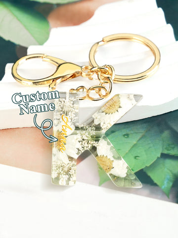 Personalized Dried Flower Initial Keychain – Custom Bag Charm