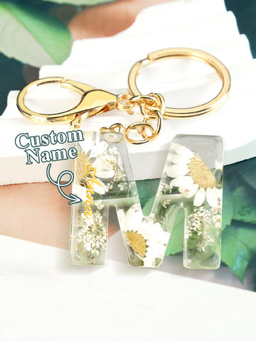 Personalized Dried Flower Initial Keychain – Custom Bag Charm
