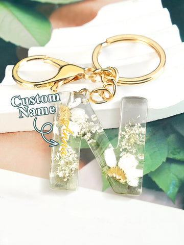 Personalized Dried Flower Initial Keychain – Custom Bag Charm