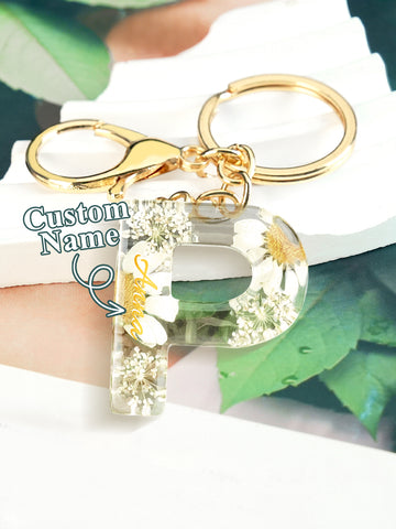 Personalized Dried Flower Initial Keychain – Custom Bag Charm