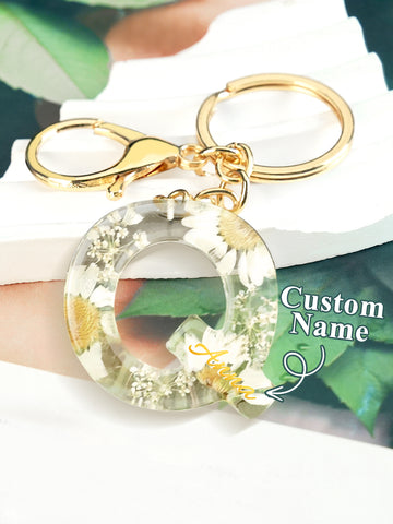 Personalized Dried Flower Initial Keychain – Custom Bag Charm