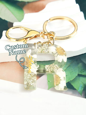 Personalized Dried Flower Initial Keychain – Custom Bag Charm
