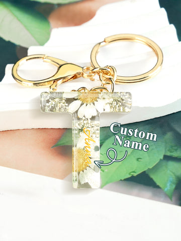 Personalized Dried Flower Initial Keychain – Custom Bag Charm