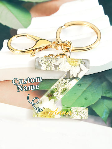 Personalized Dried Flower Initial Keychain – Custom Bag Charm
