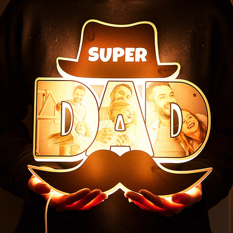Super Dad Night Light with Custom Photos Funny Beard Desk Decor