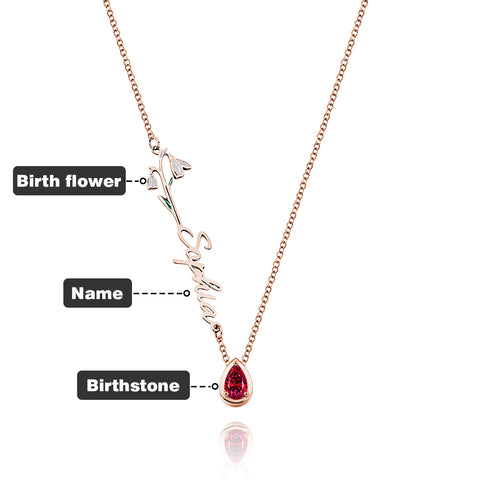 Custom Birth Flower Necklace with Birthstone and Name Charm