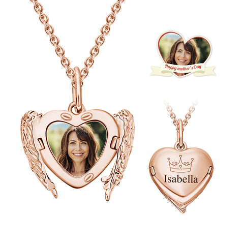 Custom Photo & Name Engraved Angel Wings Heart Locket Necklace