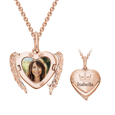 Custom Photo & Name Engraved Angel Wings Heart Locket Necklace