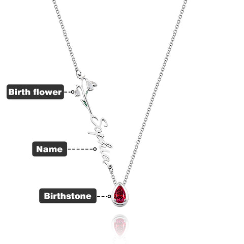 Custom Birth Flower Necklace with Birthstone and Name Charm