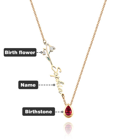 Custom Birth Flower Necklace with Birthstone and Name Charm