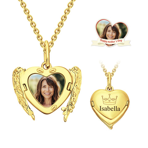 Custom Photo & Name Engraved Angel Wings Heart Locket Necklace