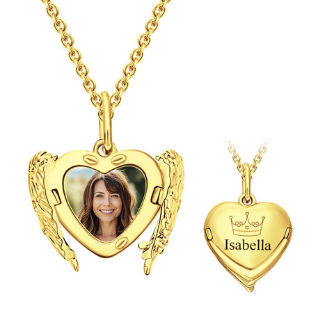 Custom Photo & Name Engraved Angel Wings Heart Locket Necklace