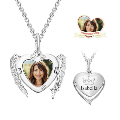 Custom Photo & Name Engraved Angel Wings Heart Locket Necklace