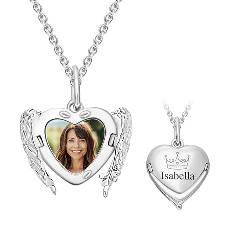 Custom Photo & Name Engraved Angel Wings Heart Locket Necklace