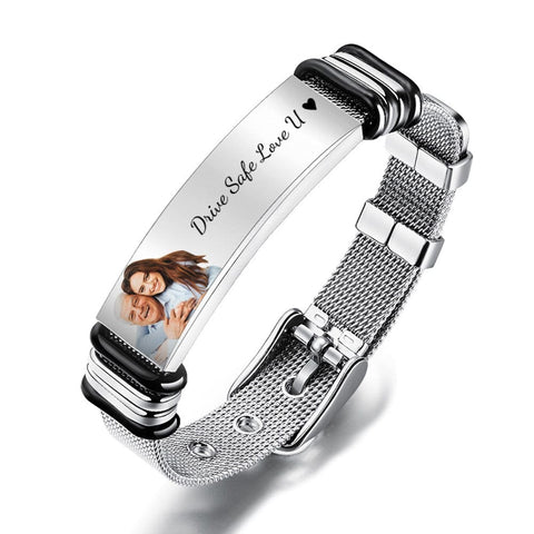 Engraved Love Stainless Steel Bracelet for Men with Photo and Custom Message