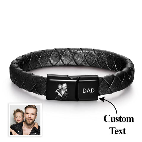 His Story Engraved Leather Bracelet with Custom Photo and Text