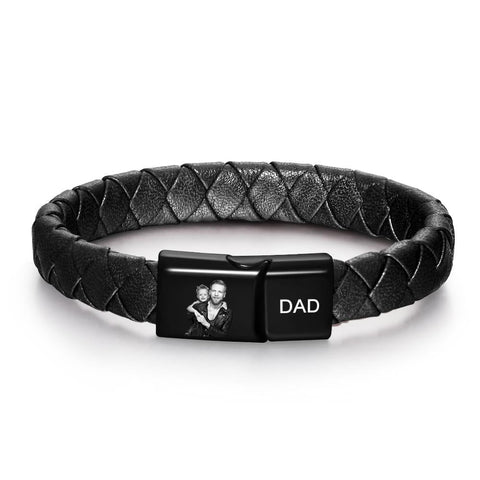 His Story Engraved Leather Bracelet with Custom Photo and Text