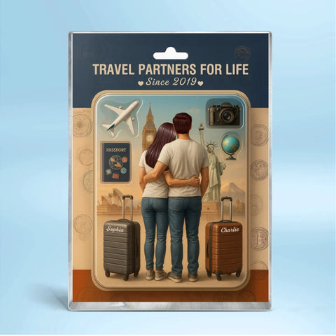 ” Travel Partners For Life" 3D Effect Custom Couple Figurine Acrylic Block 