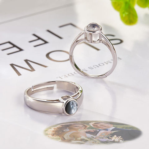 Personalized Photo Projection Ring Set – Adjustable Couple Silver Rings for Him and Her