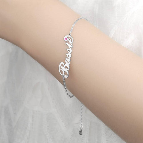 Personalized Script Name Bracelet with Birthstone Charm