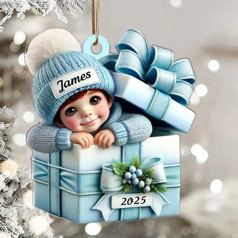 Baby Boy Girl Inside the Gift Box Custom 2D Flat Acrylic Christmas Ornament 2025
