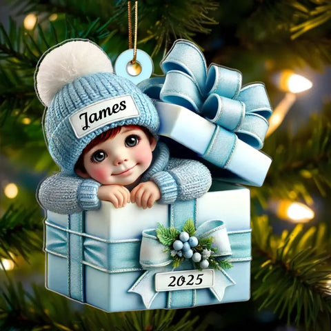 Baby Boy Girl Inside the Gift Box Custom 2D Flat Acrylic Christmas Ornament 2025