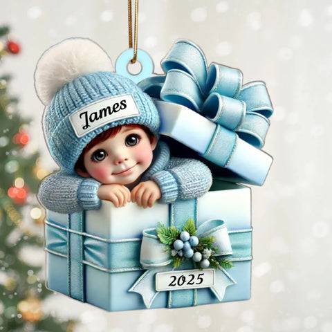 Baby Boy Girl Inside the Gift Box Custom Acrylic Christmas Ornament 2025