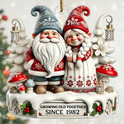 3D Effect Gnome Couple Together Custom Acrylic Christmas Ornament