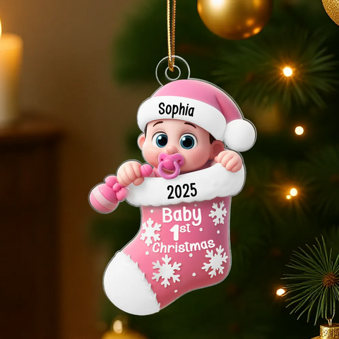 Cute Cartoon Baby In Stocking Baby's 1st Christmas Custom Acrylic Ornament