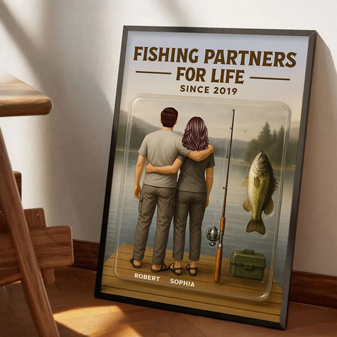 "Fishing Partners For Life" 3D Effect Custom Couple Figurine Canvas Print/Framed Poster/Poster