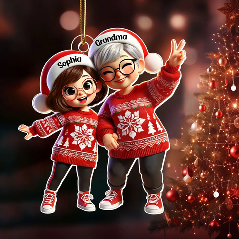 3D Effect Happy Grandma with Grandkids Custom Christmas Acrylic Ornament