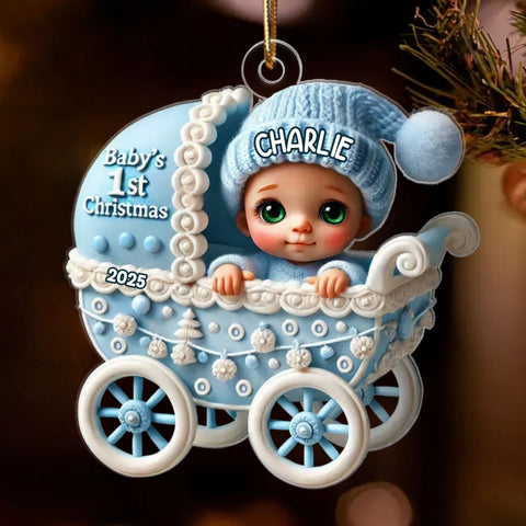 3D Effect Newborn Baby In Carriage Custom Christmas 2025 Acrylic Ornament