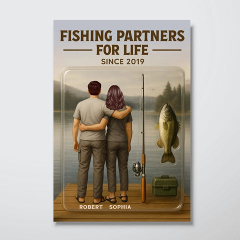 "Fishing Partners For Life" 3D Effect Custom Couple Figurine Canvas Print/Framed Poster/Poster