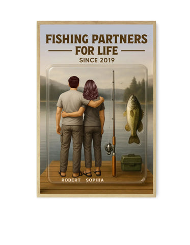 "Fishing Partners For Life" 3D Effect Custom Couple Figurine Canvas Print/Framed Poster/Poster