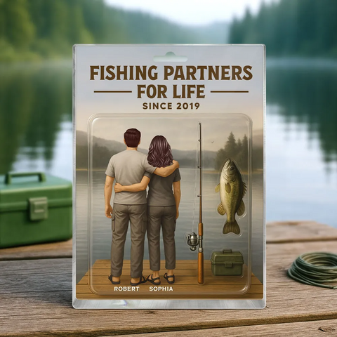 "Fishing Partners For Life" 3D Effect Custom Couple Figurine Acrylic Block 