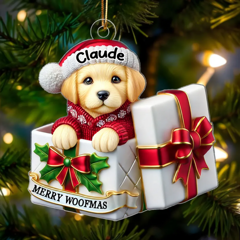 Cute Labrador Dog Inside Gift Box Custom 2D Flat Acrylic Christmas Ornament 2025