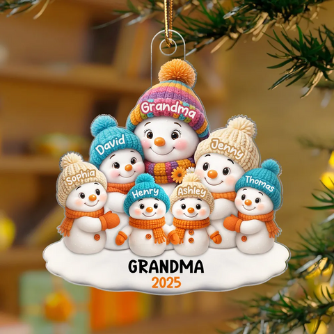 Snowman Grandma and Grandkids Custom Christmas Acrylic Ornament