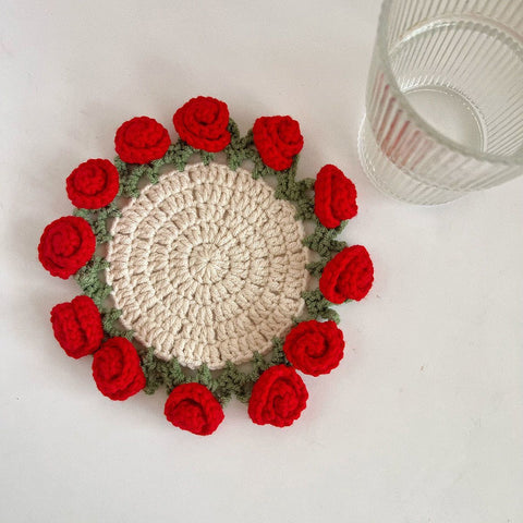 Spring Bloom Crochet Rose Coaster Handmade Gift for Her