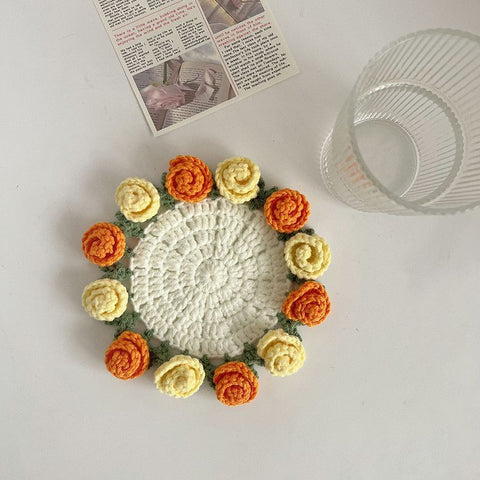 Spring Bloom Crochet Rose Coaster Handmade Gift for Her