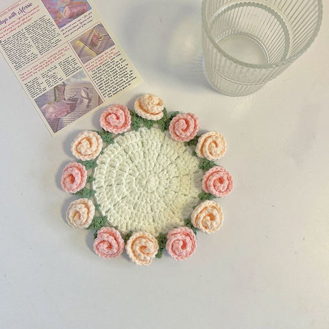 Spring Bloom Crochet Rose Coaster Handmade Gift for Her