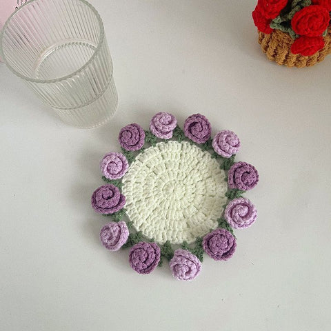 Spring Bloom Crochet Rose Coaster Handmade Gift for Her