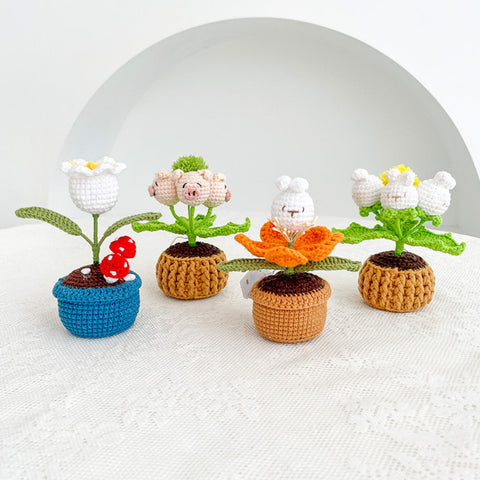 Adorable Crochet Flower Pot Lamp Hand-Knit Plush Doll Desk Light