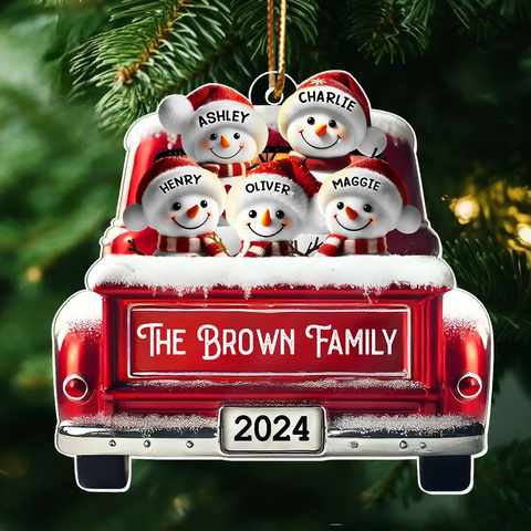 3D Effect Custom Snowman Family Red Car Acrylic Christmas Ornament 