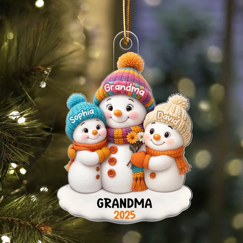 Snowman Grandma and Grandkids Custom Christmas Acrylic Ornament