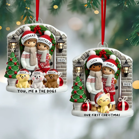 Custom Farmhouse Couple with Pets Christmas 2025 Acrylic Ornament 
