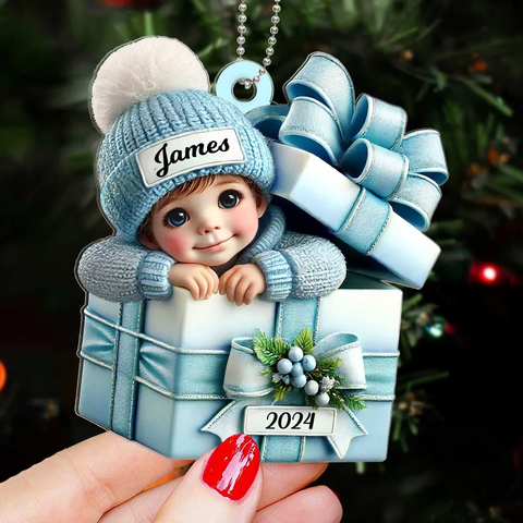 Baby Boy Girl Inside the Gift Box Custom 2D Flat Acrylic Christmas Ornament 2025