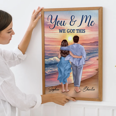 Custom Couple Back View Embracing and Walking On The Beach Canvas/Framed Poster/Poster
