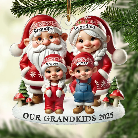 3D Effect Gnome Grandparents And Grandkids Custom Christmas 2025 Acrylic Ornament 