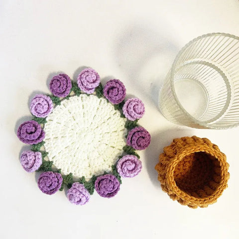 Spring Bloom Crochet Rose Coaster Handmade Gift for Her